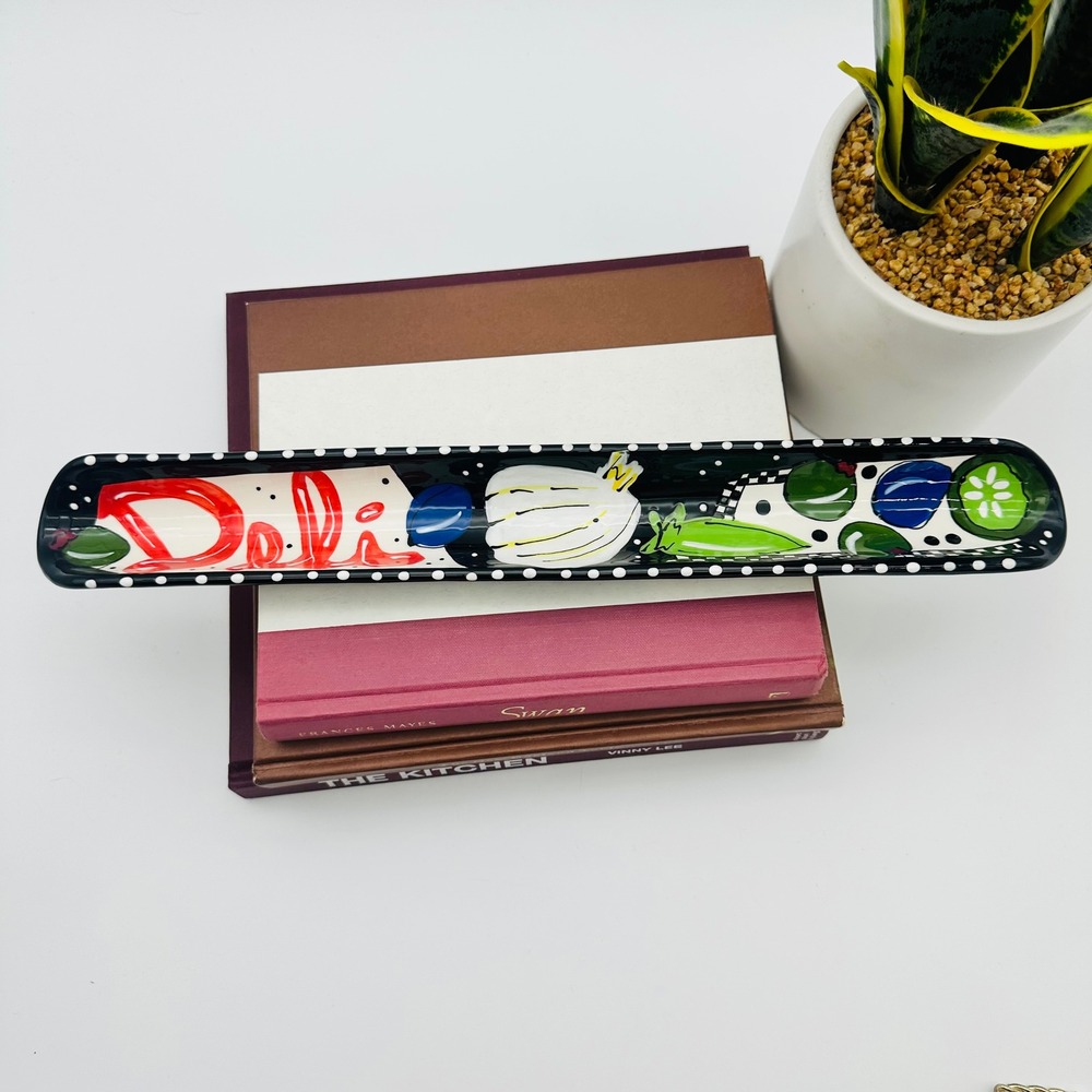 Handpainted Ceramic Olive Tray Long Serving Dish Black Polka Dot by Deli